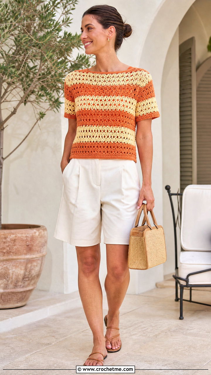 Short Sleeve Crochet Striped Sweater With Bermuda Shorts - 35 crochet striped sweater outfit ideas