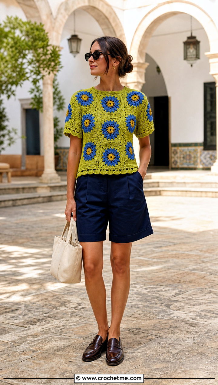 Short Sleeve Crochet Sunflower Sweater With Bermuda Shorts - 35 crochet sunflower sweater outfit ideas