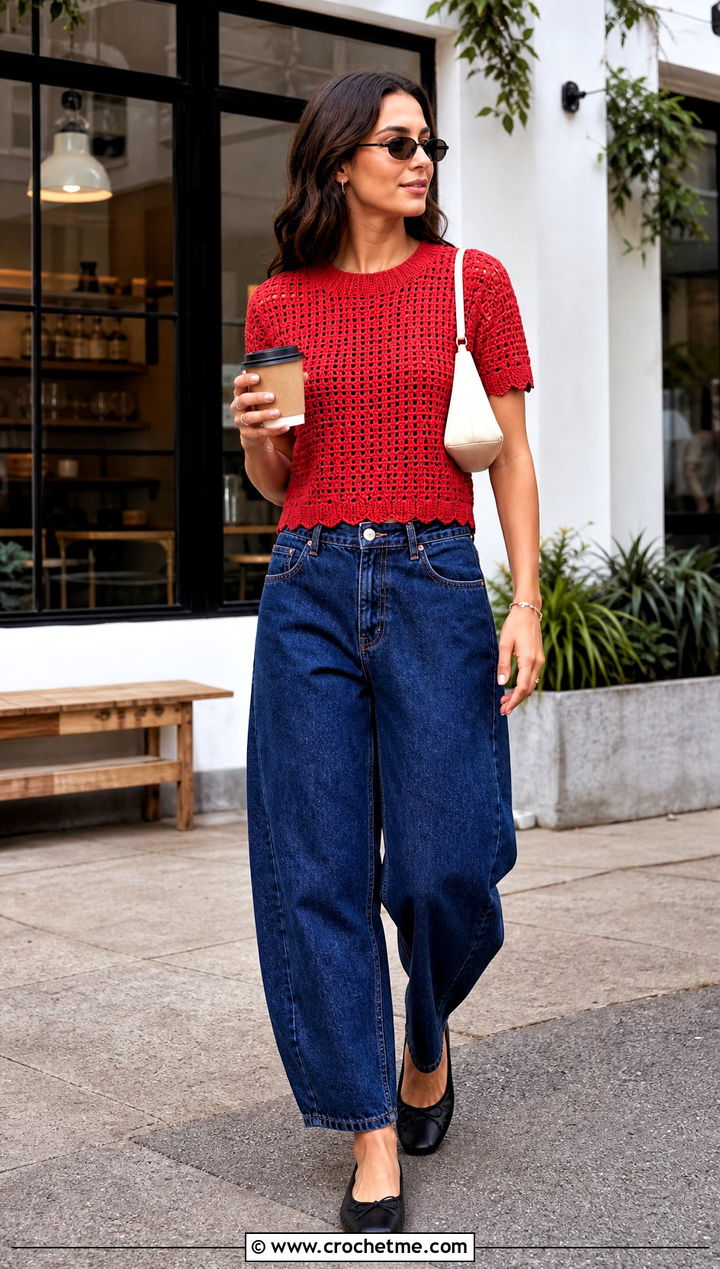 Short Sleeve Crochet Sweater With Barrel Jeans - 20 Easy Crochet Sweater For Women outfit ideas