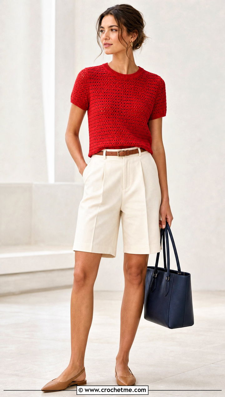 Short Sleeve Crochet Sweater With Bermuda Shorts - 30 crochet women sweater outfit ideas