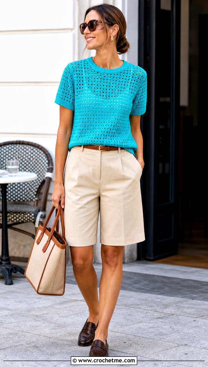 Short Sleeve Crochet Sweater With Bermuda Shorts - 15 Modern Crochet Sweater outfit ideas