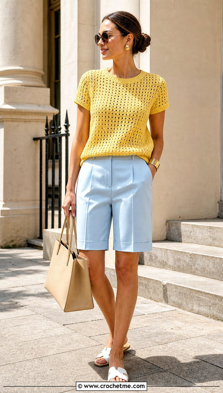 Short Sleeve Crochet Sweater With Bermuda Shorts - 35 summer crochet sweater outfit ideas