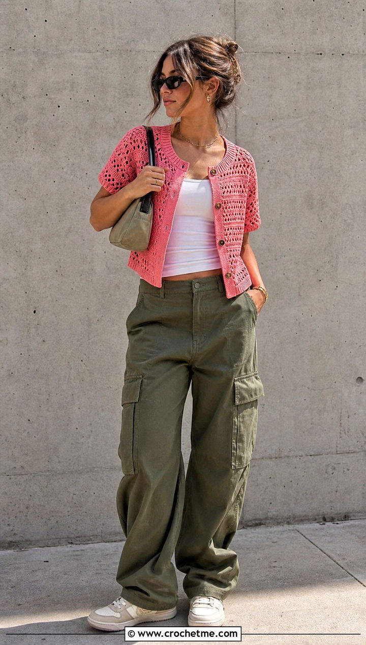 Short Sleeve Crochet Sweater With Cargo Pants - 25 summer crochet sweaters outfit ideas