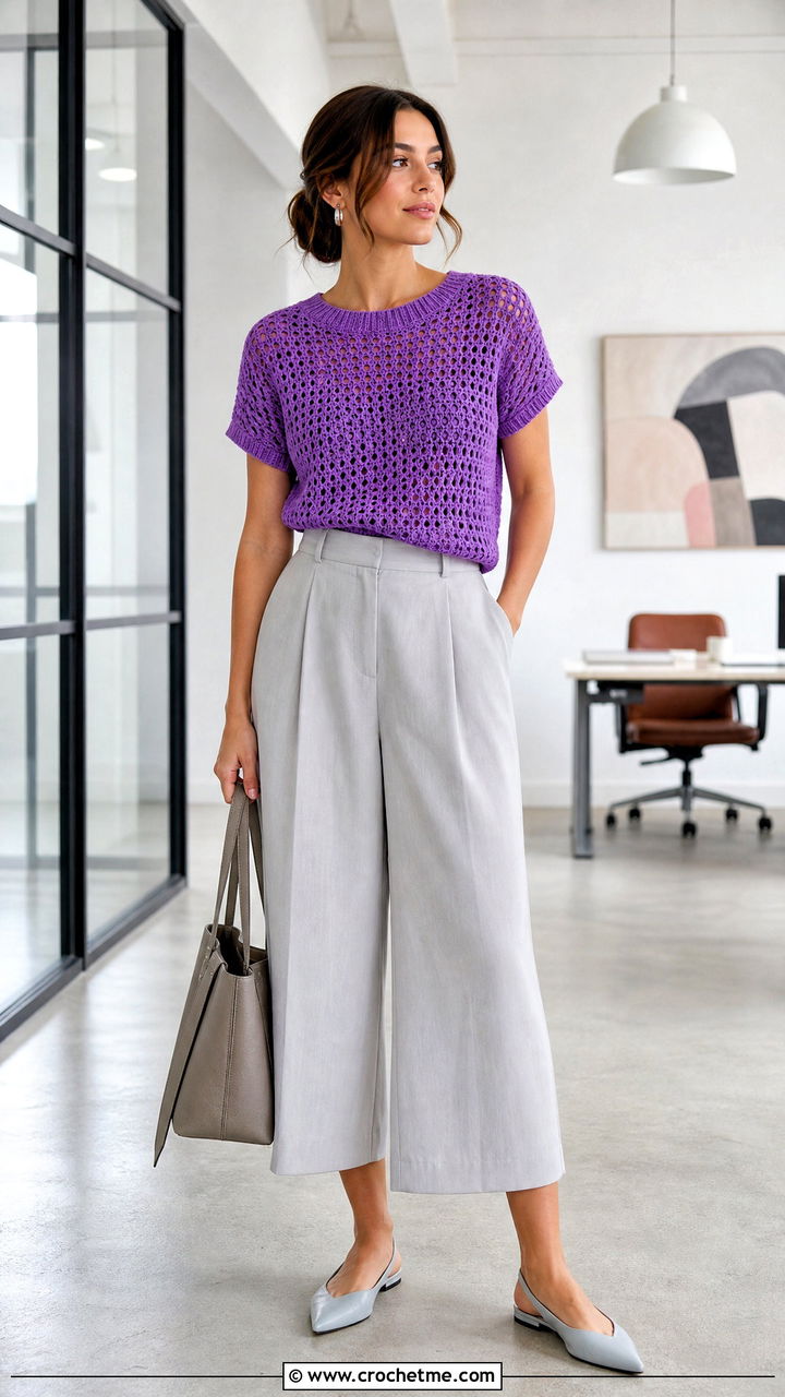 Short Sleeve Crochet Sweater With Culottes - 35 crochet sweaters women outfit ideas