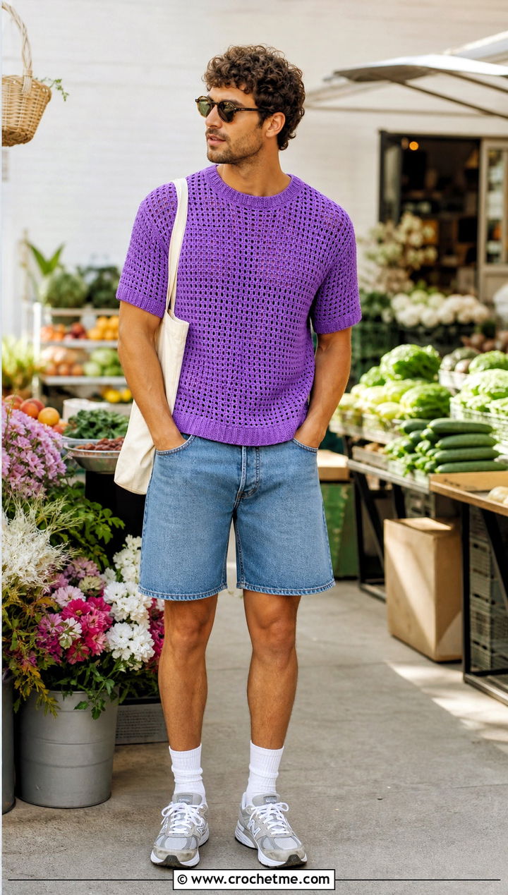 Short Sleeve Crochet Sweater With Denim Shorts - 25 Crochet Guys Clothes and outfit ideas