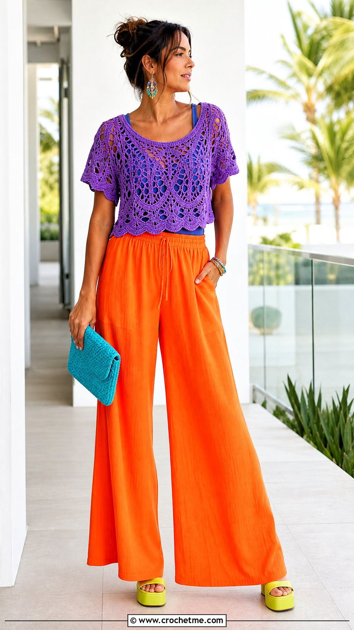 Short Sleeve Crochet Sweater With Palazzo Pants - 35 crochet sweater design outfit ideas