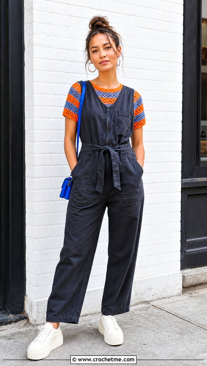 Short Sleeve Crochet Sweater With Utility Jumpsuit - 15 Orange And Gray Crochet Sweater outfit ideas