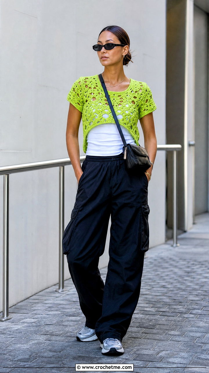 Short Sleeve Crochet T Shirt With Cargo Pants - 35 crochet summer top outfit ideas