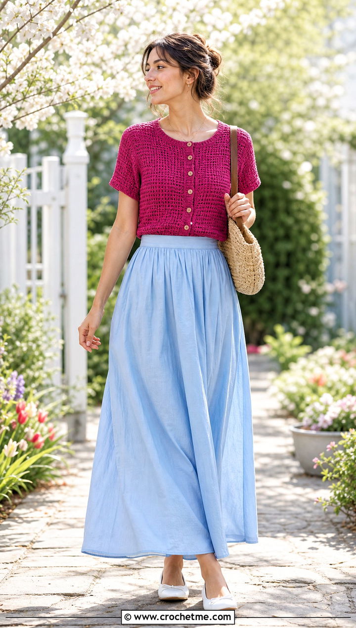 Short Sleeve Crochet Waffle Stitch Cardigan With Maxi Skirt - 25 crochet waffle stitch cardigan outfit ideas