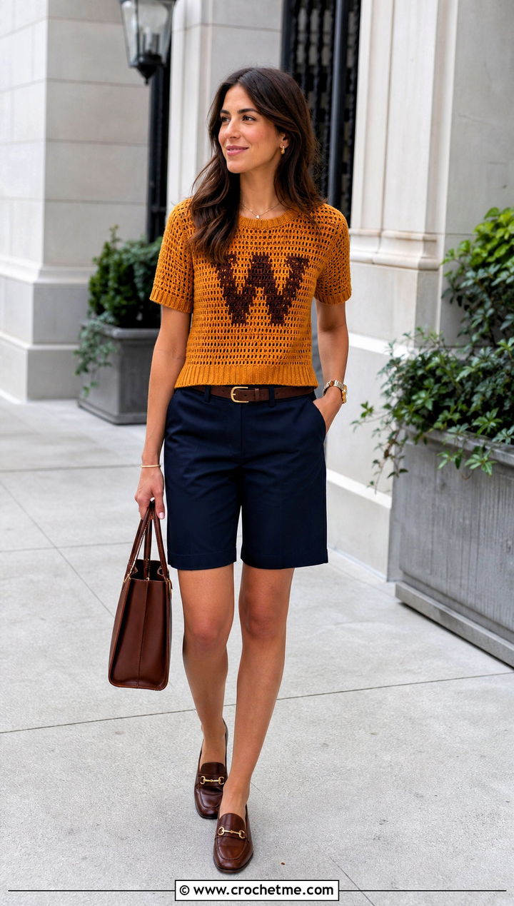 Short Sleeve Crochet Weasley Sweater With Bermuda Shorts - 35 crochet weasley sweater outfit ideas