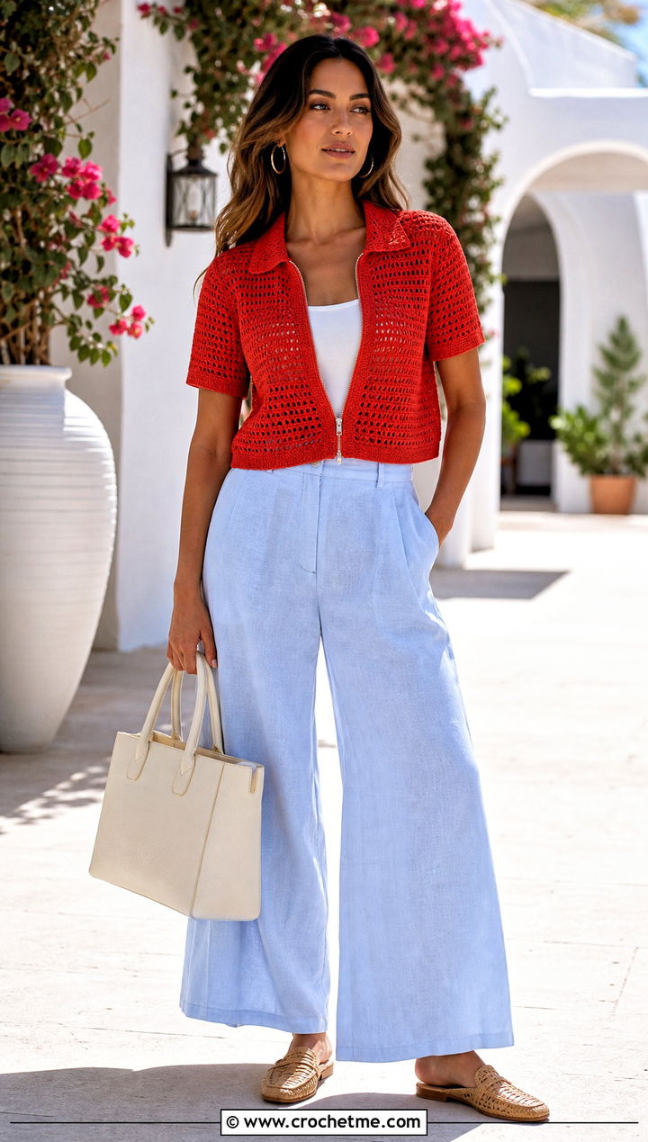 Short Sleeve Crochet Zip Jacket With Linen Pants - 25 crochet jacket with zipper outfit ideas