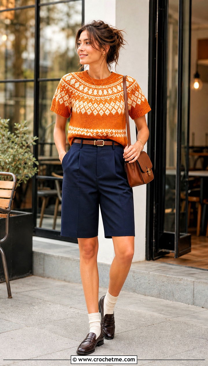 Short Sleeve Fair Isle Crochet Sweater With Tailored Shorts - 25 fair isle crochet sweater outfit ideas