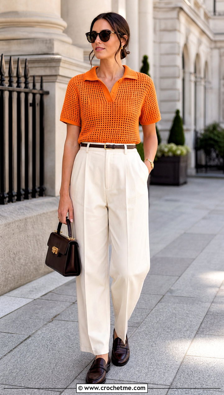 Short Sleeve Filet Crochet Polo With Pleated Trousers - 30 filet crochet shirt outfit ideas
