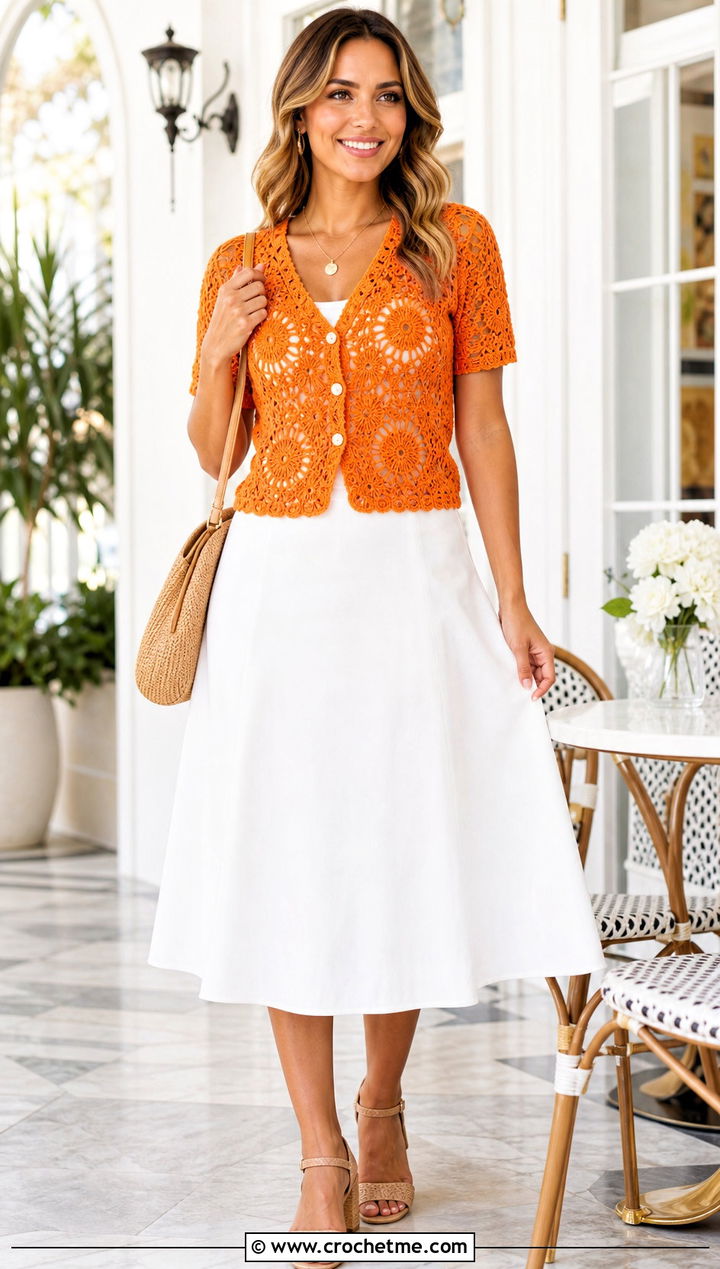 Short Sleeve Flower Crochet Cardigan With Midi Skirt - 25 Flower Crochet Cardigan outfit ideas