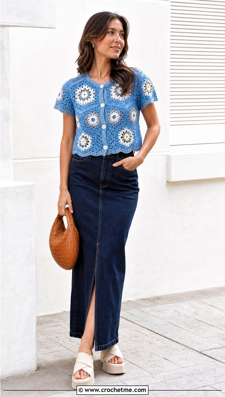 Short Sleeve Granny Hex Crochet Cardigan With Denim Maxi Skirt - 35 hex crochet cardigan outfit ideas