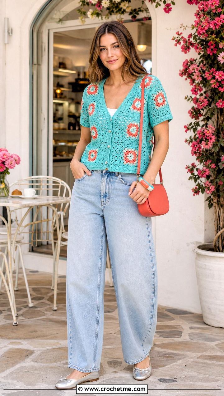 Short Sleeve Granny Square Cardigan With Barrel Jeans - 25 Two Granny Square Cardigan outfit ideas