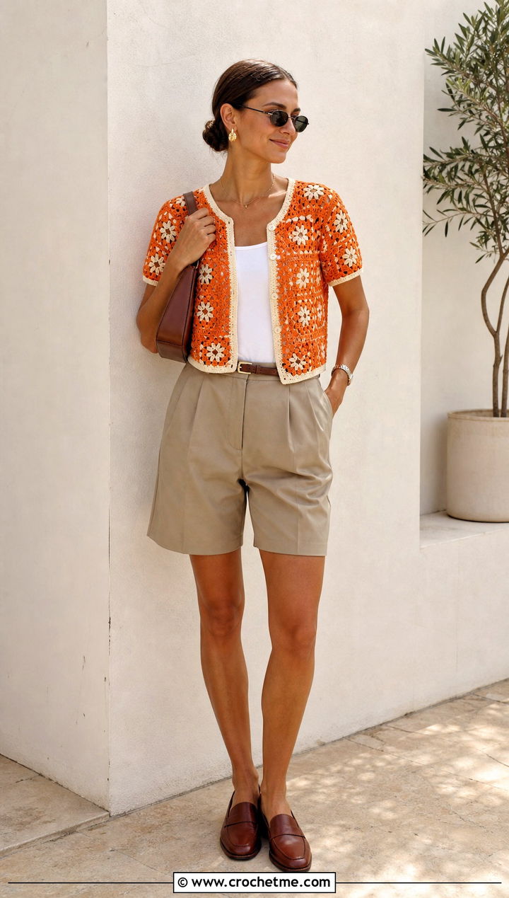 Short Sleeve Granny Square Cardigan With Bermuda Shorts - 25 For Granny Square Cardigan outfit ideas