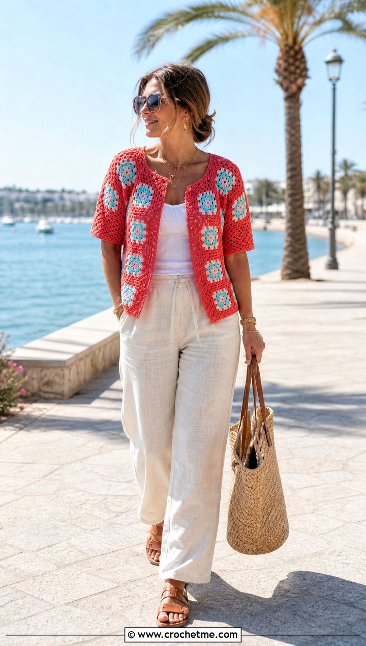Short Sleeve Granny Square Cardigan With Linen Pants - 15 Granny Square Cardigan Sweaters & Cardigans outfit ideas