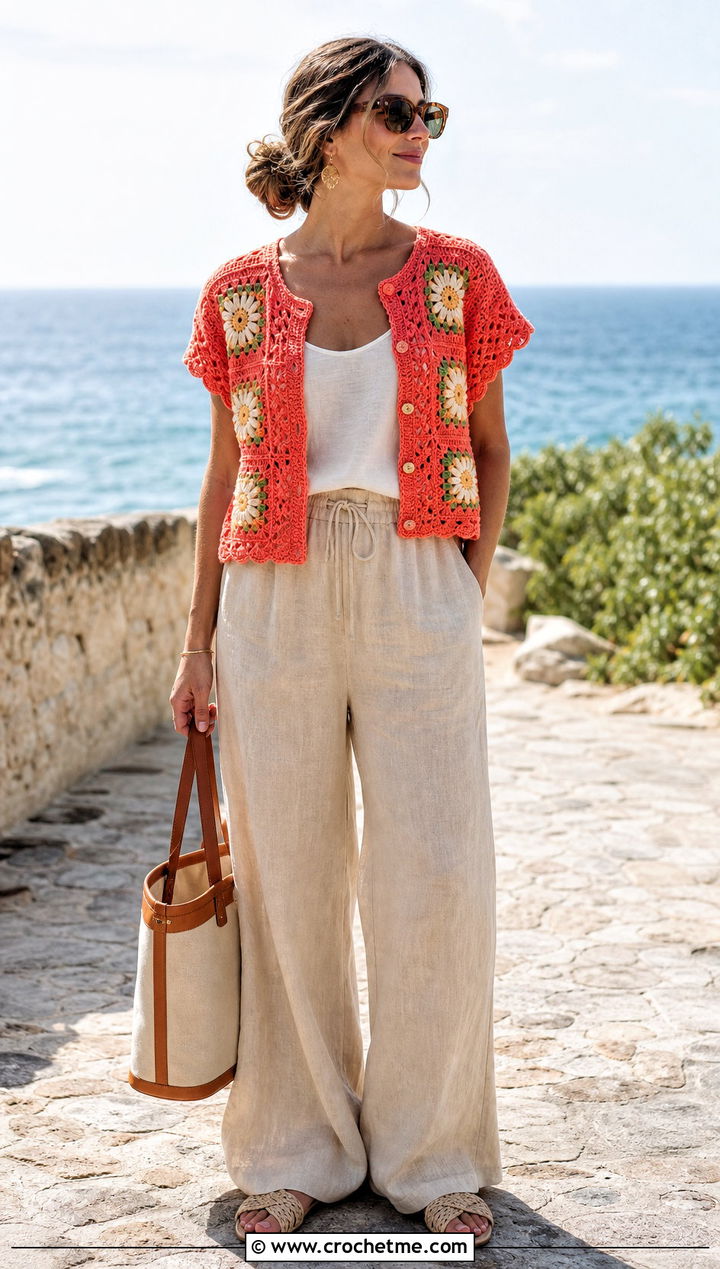 Short Sleeve Granny Square Cardigan With Linen Pants - 15 Womens Granny Square Cardigan outfit ideas