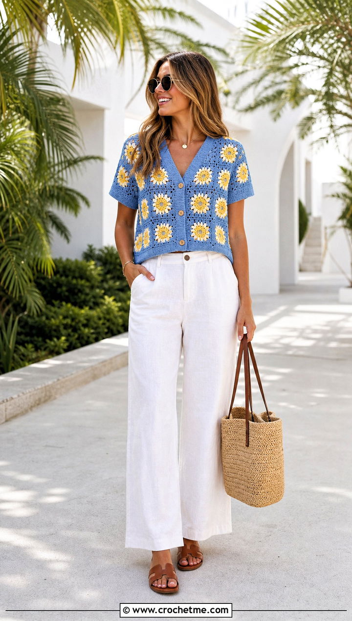 Short Sleeve Granny Square Cardigan With Linen Pants - 30 cardigan with granny square outfit ideas