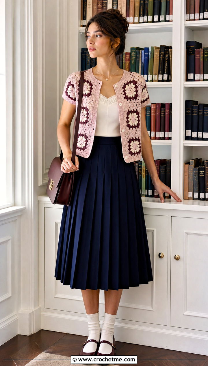Short Sleeve Granny Square Cardigan With Pleated Midi Skirt - 15 Everyday Granny Square Cardigan outfit ideas