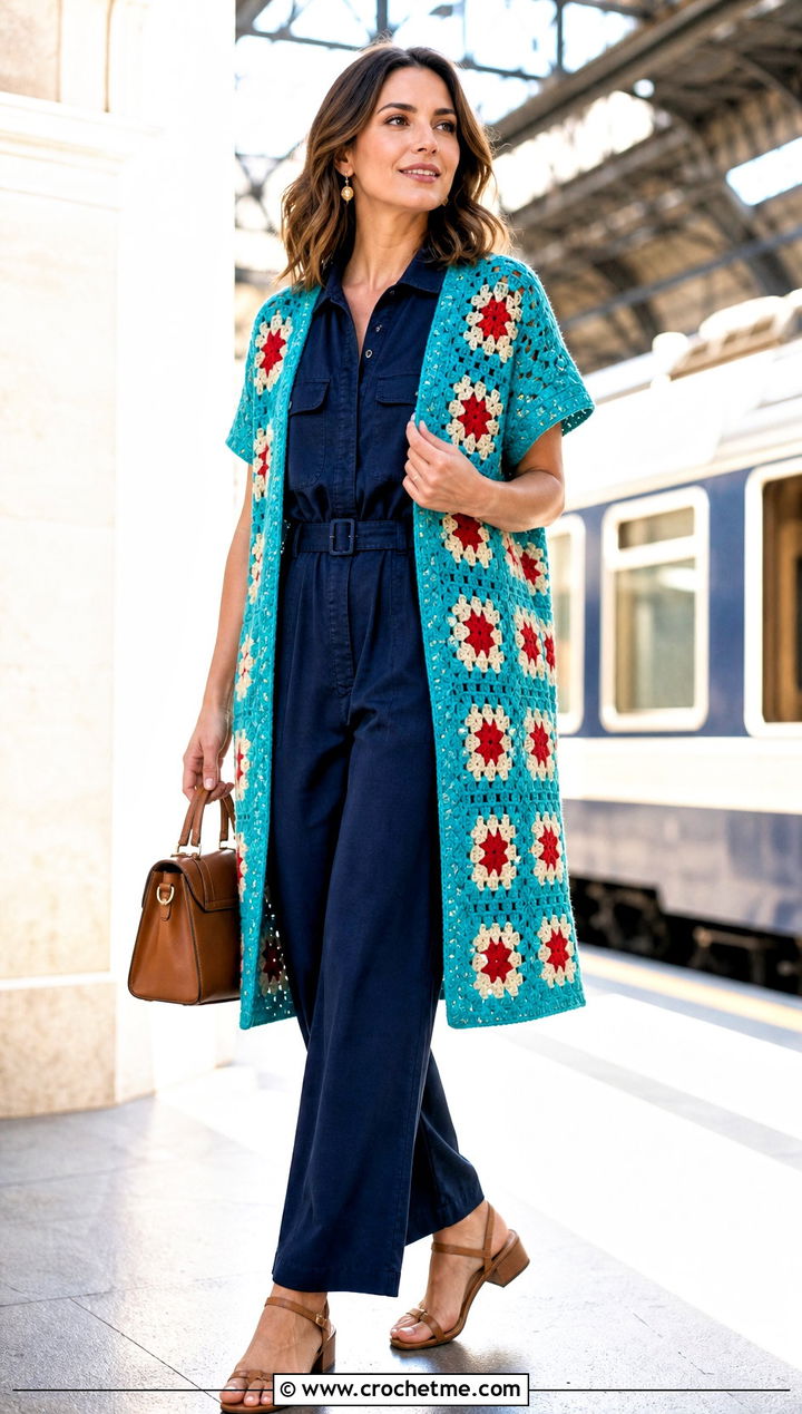 Short Sleeve Granny Square Duster With Jumpsuit - 35 granny square duster outfit ideas