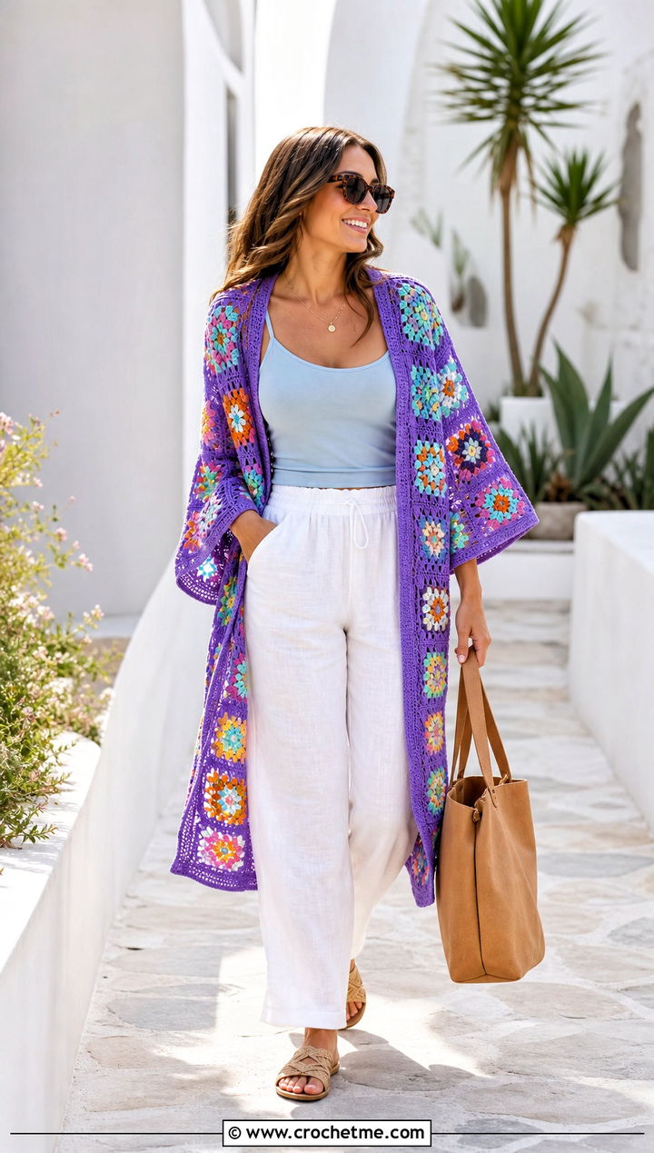 Short Sleeve Granny Square Kimono With Linen Pants - 15 crochet granny square kimono outfit ideas