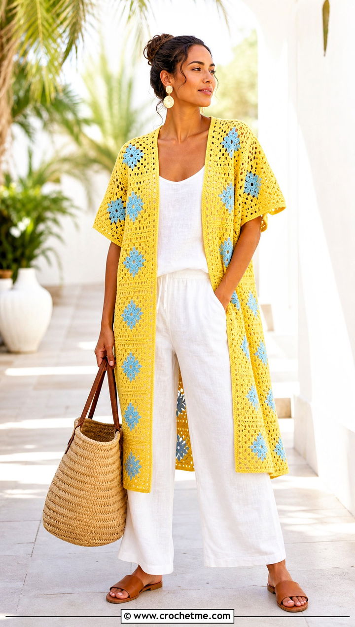 Short Sleeve Granny Square Kimono With Linen Set - 30 granny square kimono outfit ideas