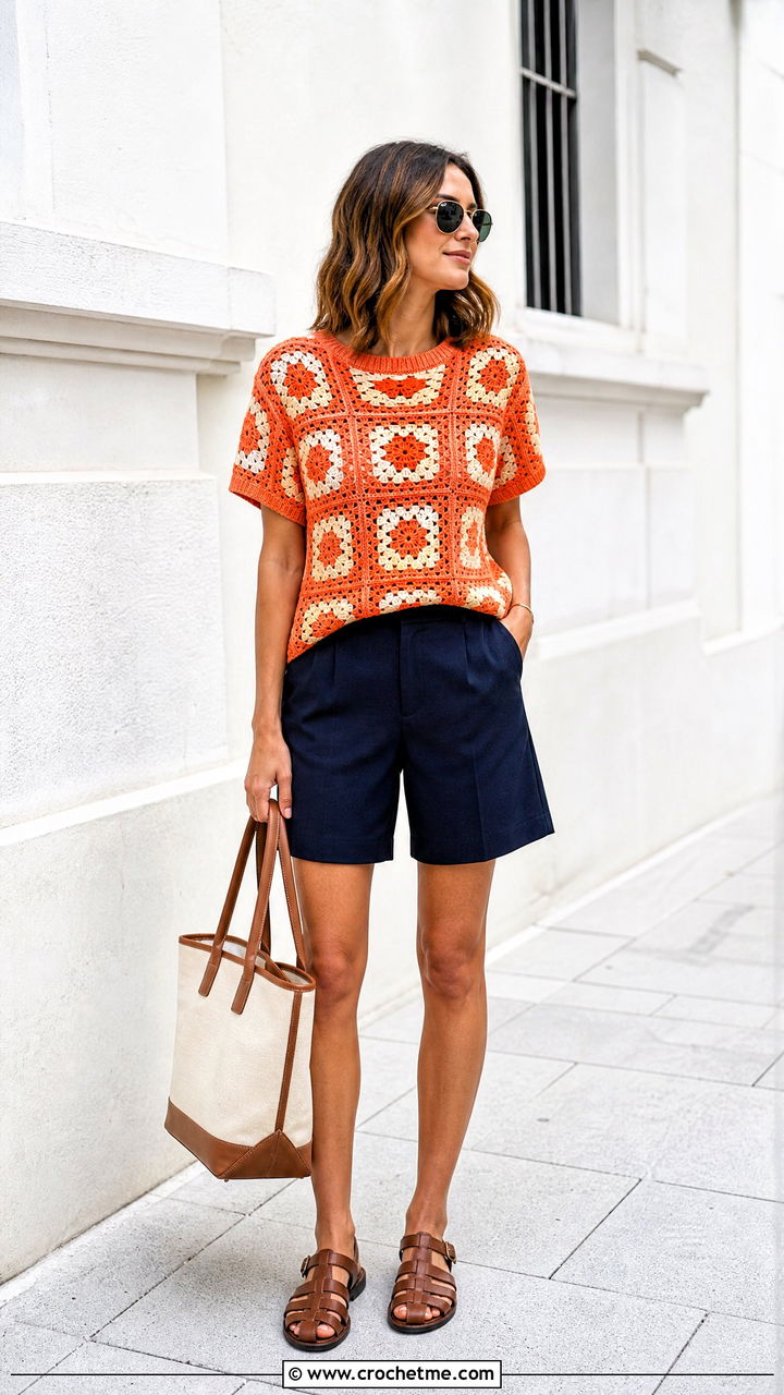 Short Sleeve Granny Square Pullover With Bermuda Shorts - 35 granny square pullover outfit ideas
