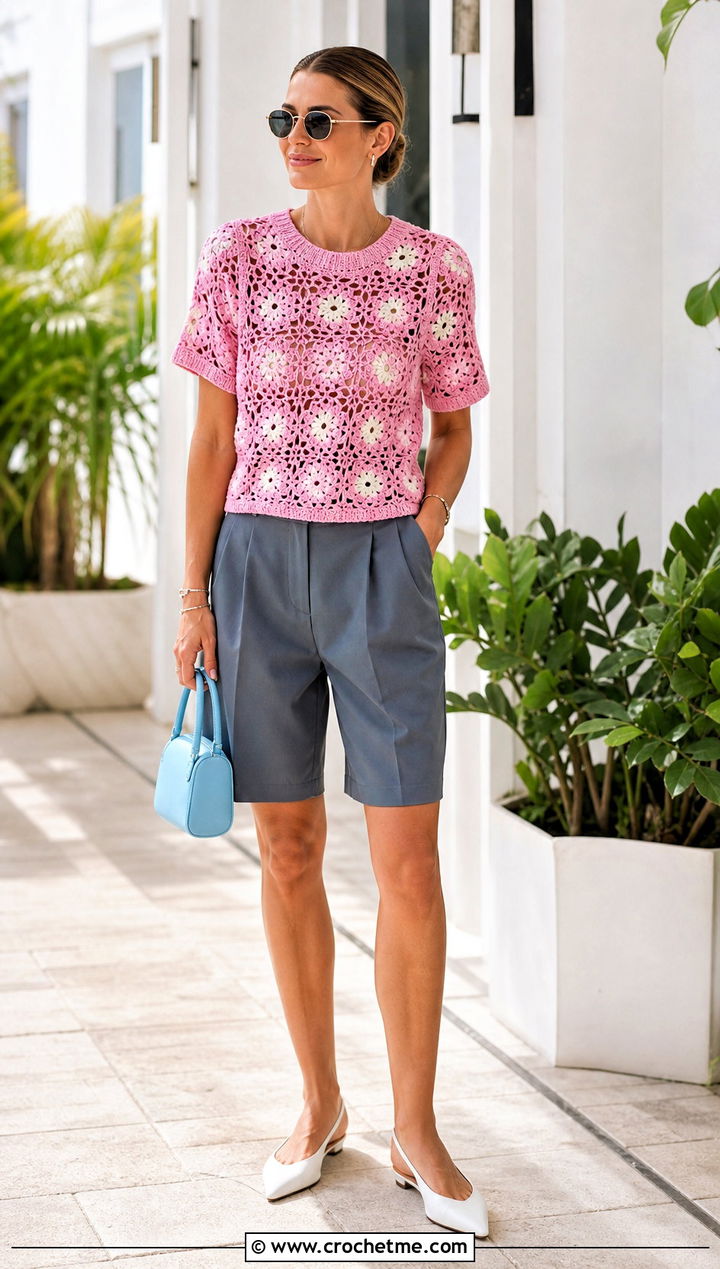 Short Sleeve Granny Square Sweater With Bermuda Shorts - 30 crochet sweater with granny squares outfit ideas