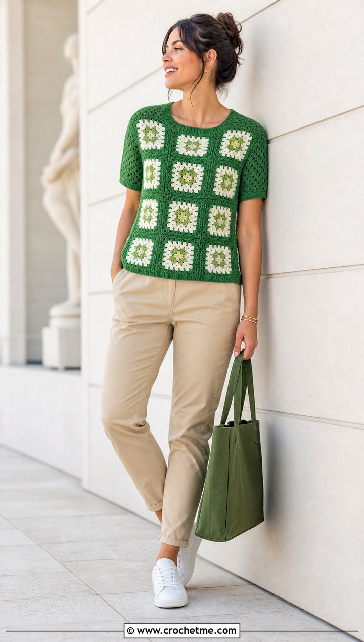 Short Sleeve Granny Square Sweater With Chino Pants - 30 easy granny square sweater outfit ideas