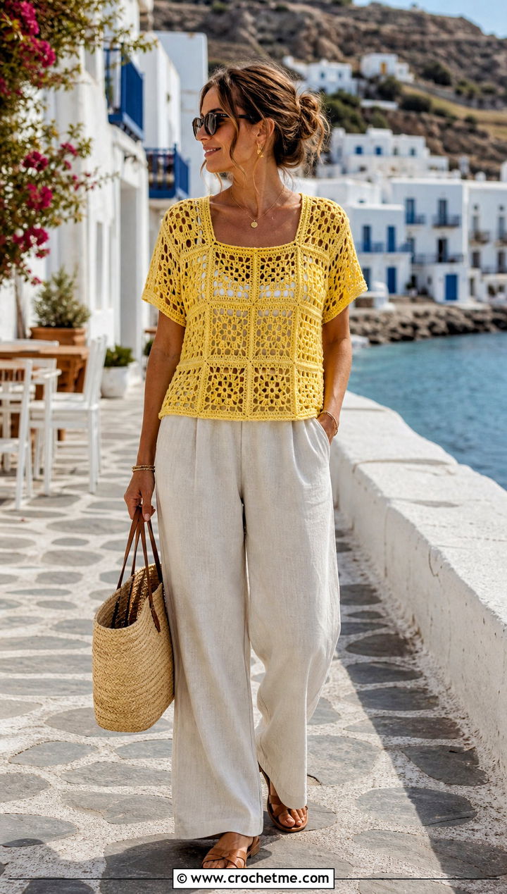 Short Sleeve Granny Square Sweater With Linen Trousers - 25 granny crochet sweater outfit ideas