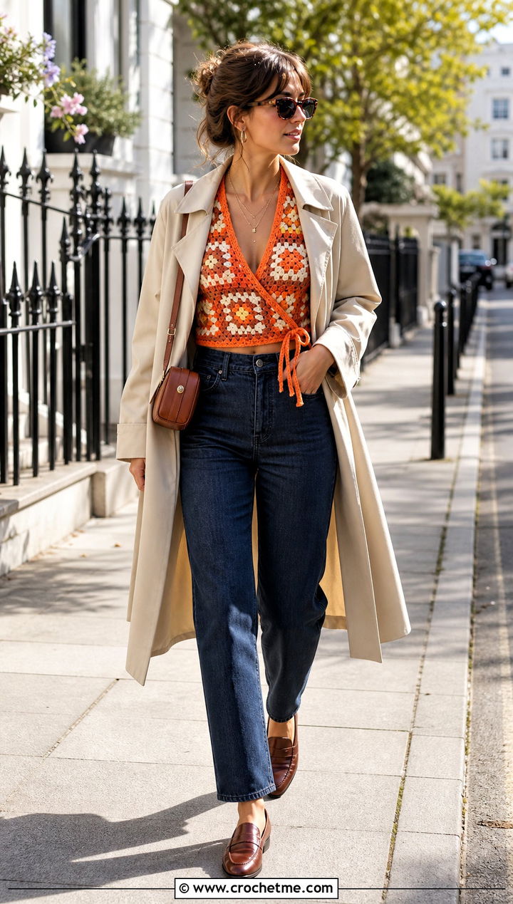 Short Sleeve Granny Square Wrap Top With Trench Coat And Jeans - 35 granny square wrap top outfit ideas