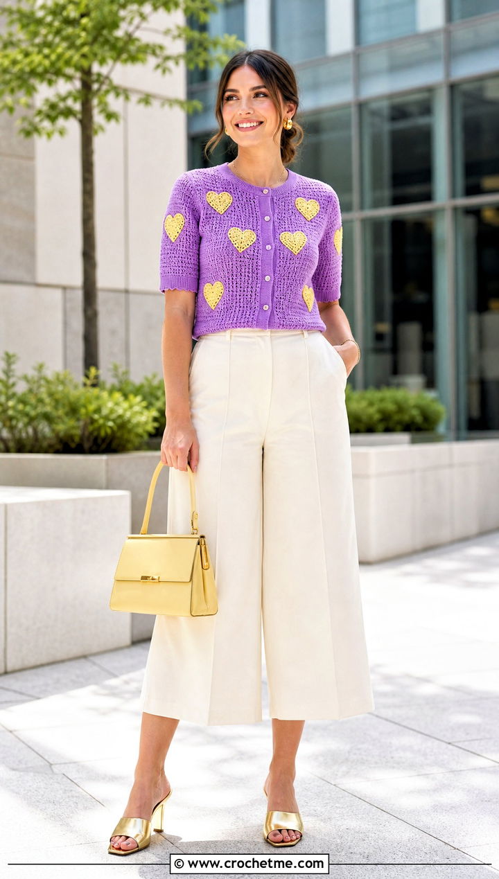 Short Sleeve Heart Cardigan With Culottes - 35 crochet heart cardigan outfit ideas