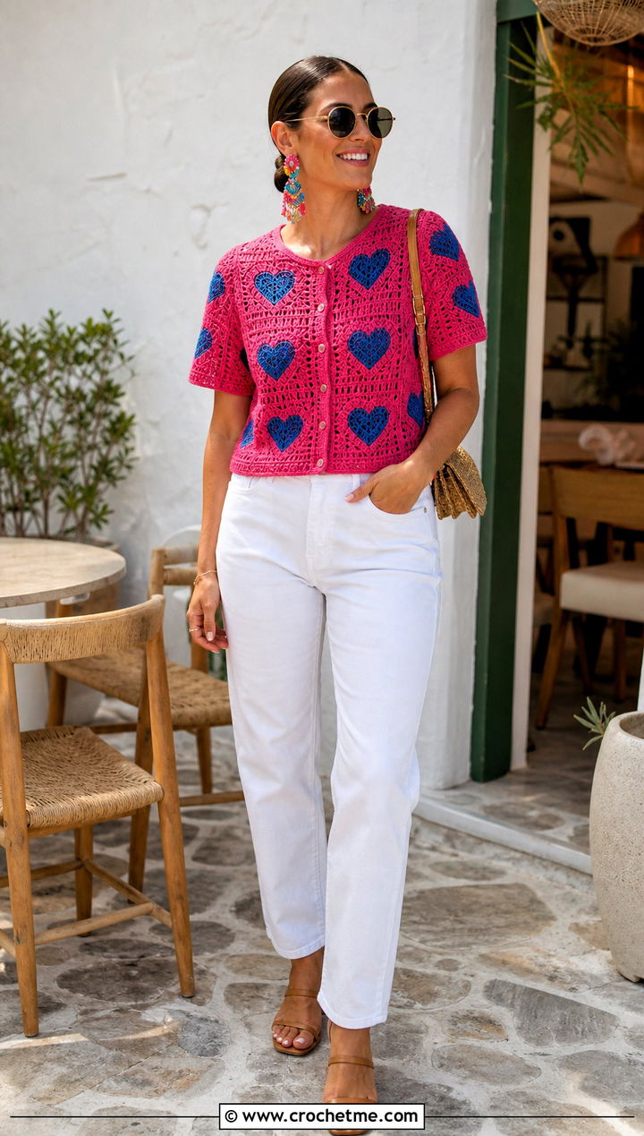Short Sleeve Heart Granny Square Cardigan With White Jeans - 35 Heart Granny Square Cardigan outfit ideas