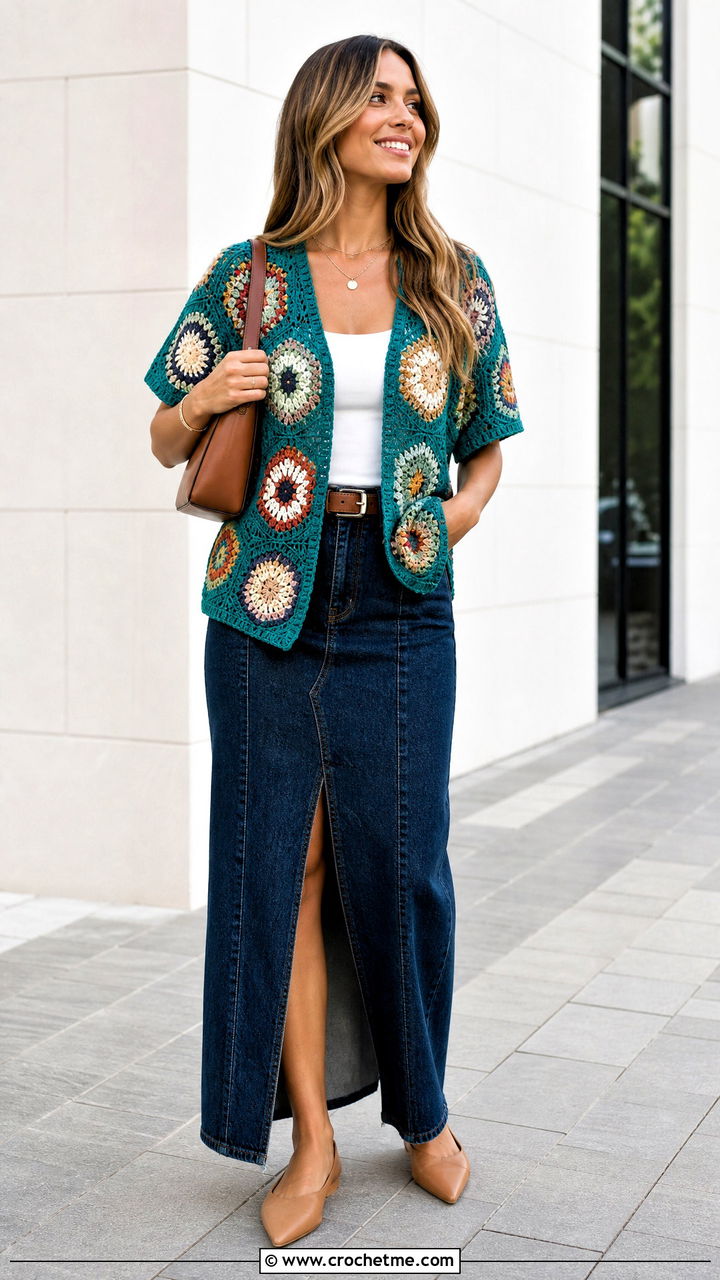 Short Sleeve Hexagon Granny Square Cardigan With Denim Maxi Skirt - 35 hexagon granny square cardigan outfit ideas
