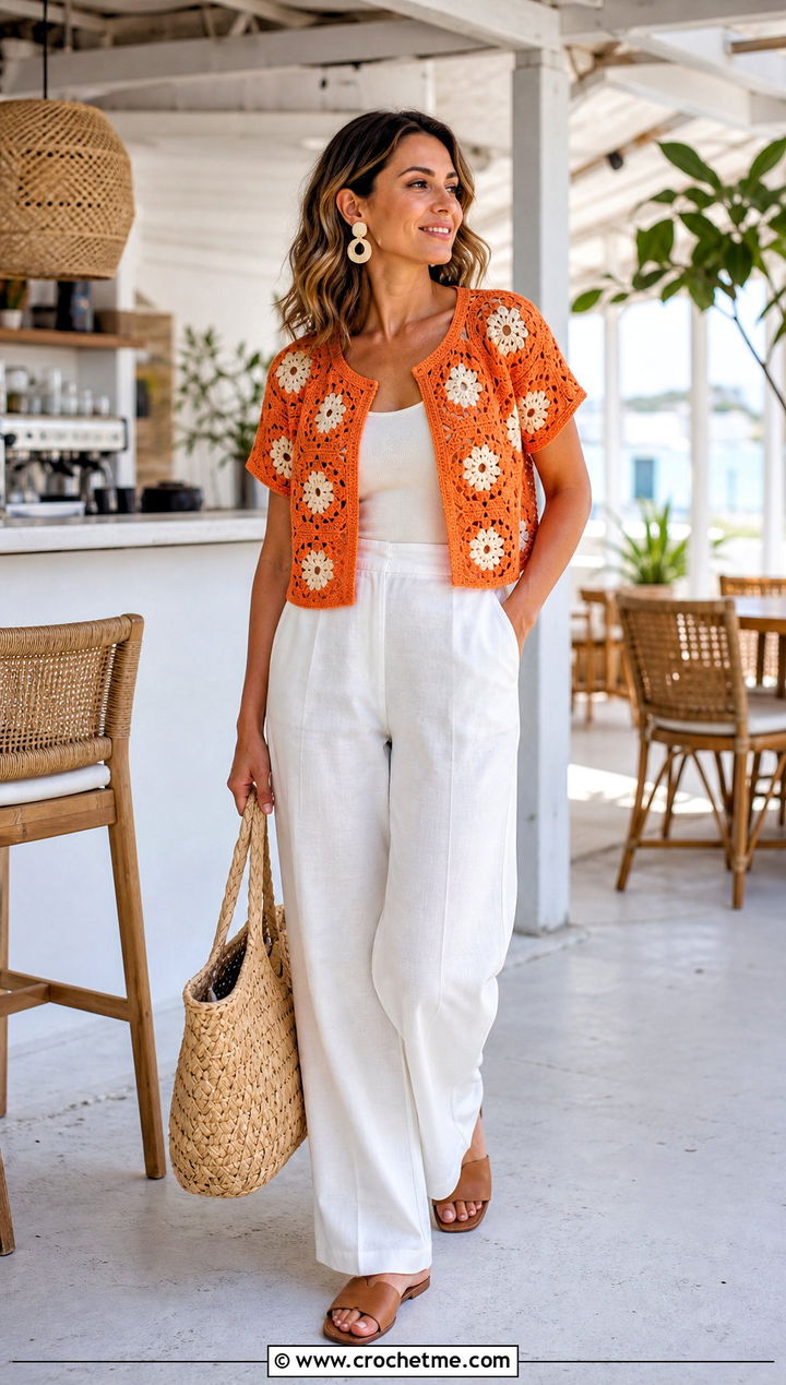 Short Sleeve Hexagon Granny Square Sweater With Linen Pants - 35 hexagon granny square sweater outfit ideas