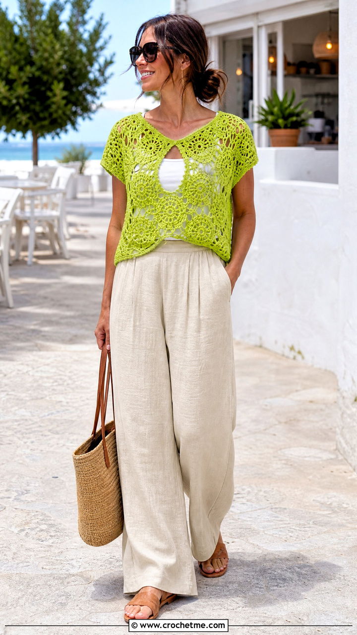 Short Sleeve Hexagon Pullover With Linen Pants - 35 crochet hexagon pullover outfit ideas