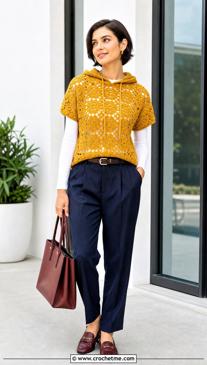 Short Sleeve Hexi Crochet Hoodie With Pleated Trousers - 20 hexi crochet hoodie outfit ideas