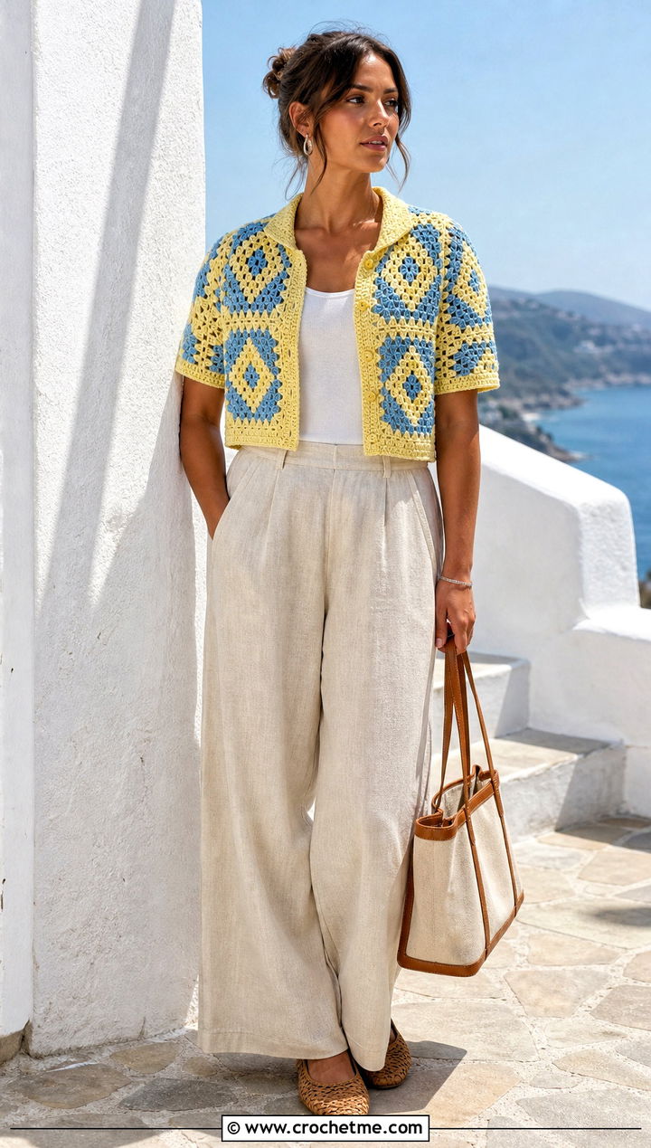 Short Sleeve Howl Crochet Cardigan With Linen Pants - 25 Howl Crochet Cardigan outfit ideas