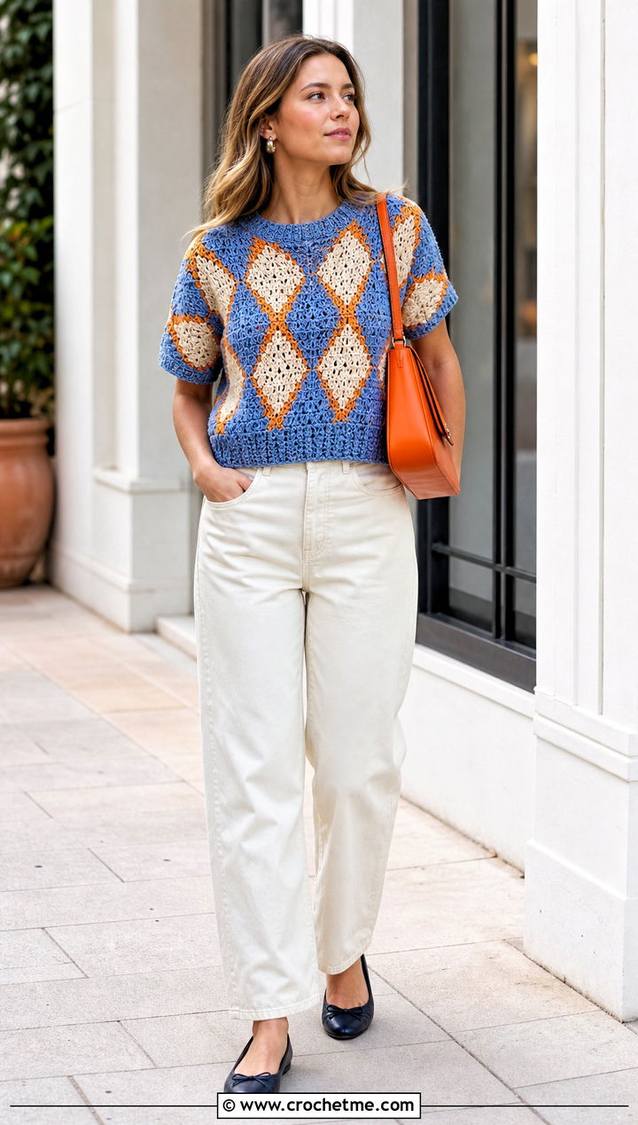 Short Sleeve Howls Crochet Sweater With Barrel Jeans - 25 Howls Crochet Sweater outfit ideas