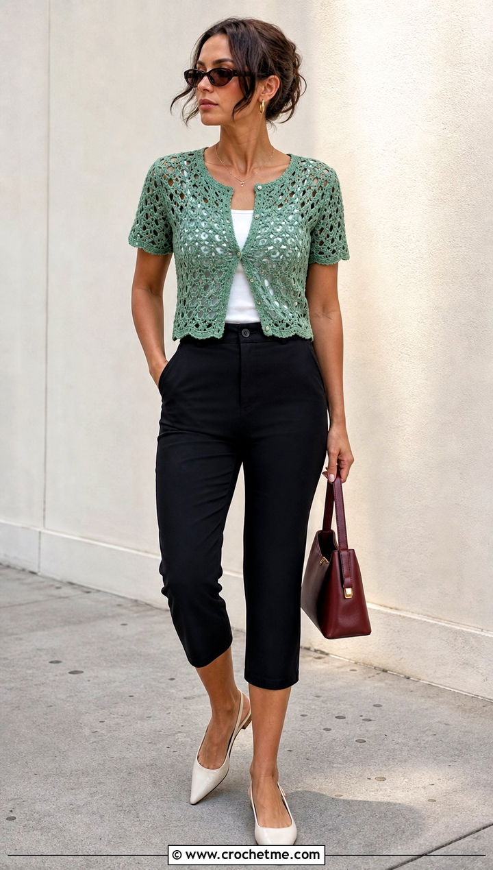 Short Sleeve Lacy Crochet Sweater With Capri Pants - 25 Lacy Crochet Sweater outfit ideas