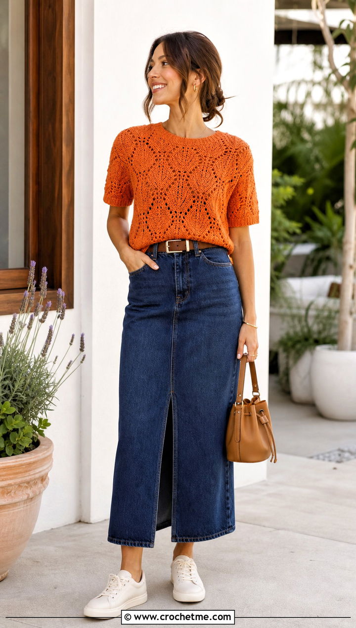 Short Sleeve Leaf Crochet Sweater With Denim Maxi Skirt - 25 crochet leaf sweater outfit ideas