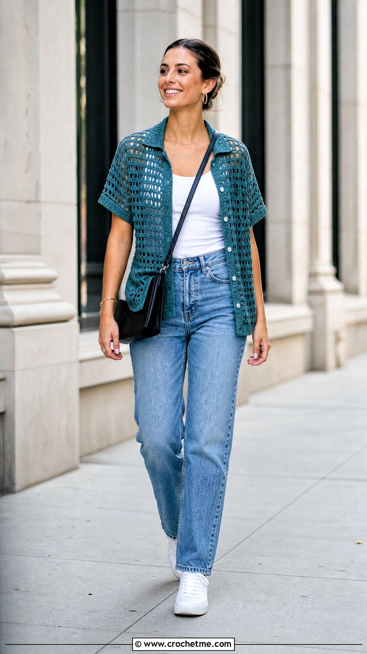 Short Sleeve Mesh Crochet Button Up Shirt With Straight Jeans - 35 crochet button up shirt outfit ideas