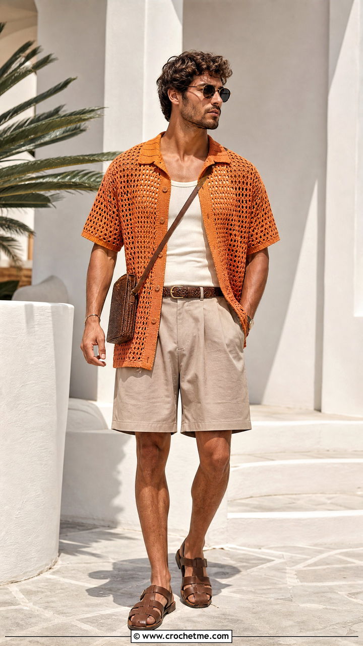 Short Sleeve Mesh Crochet Sweater With Pleated Shorts - 35 men crochet sweater outfit ideas