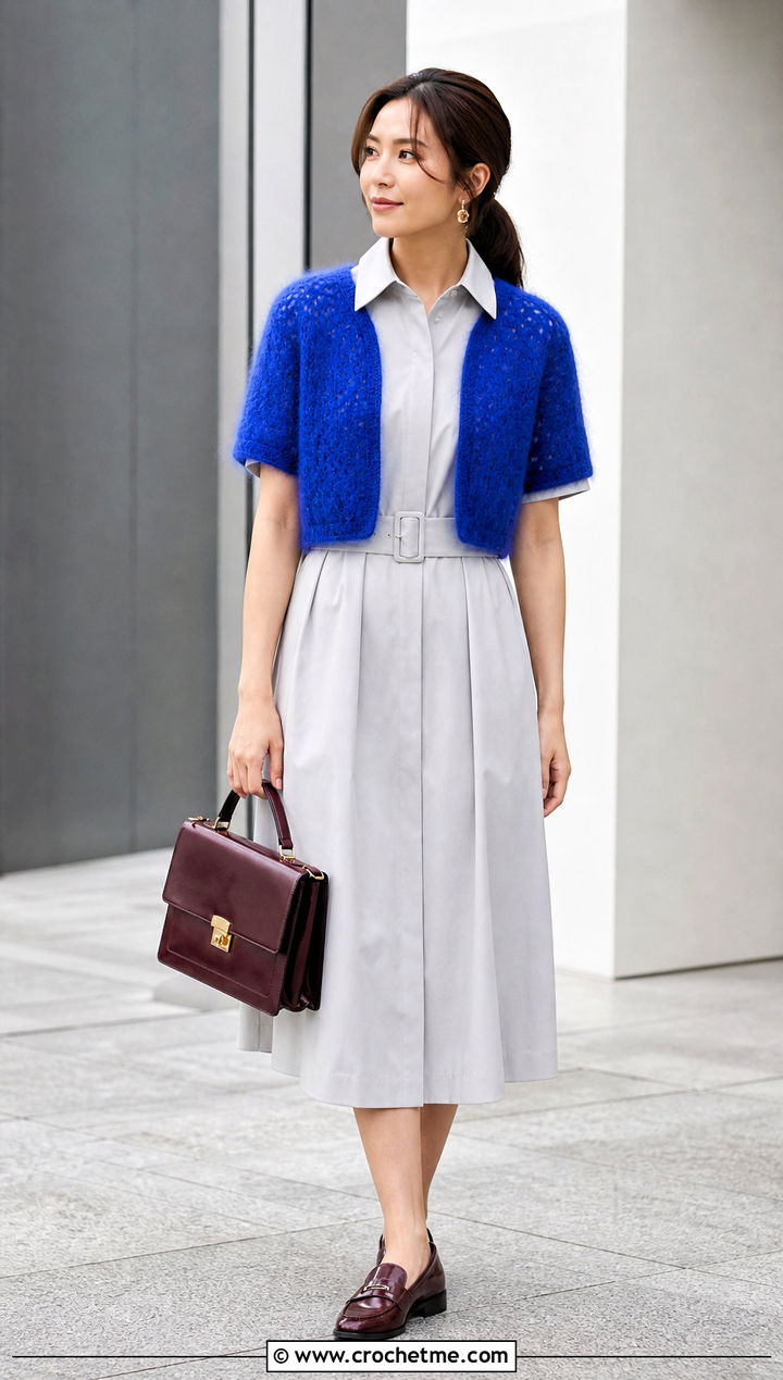 Short Sleeve Mohair Crochet Bolero With Shirt Dress - 25 mohair crochet shrug outfit ideas