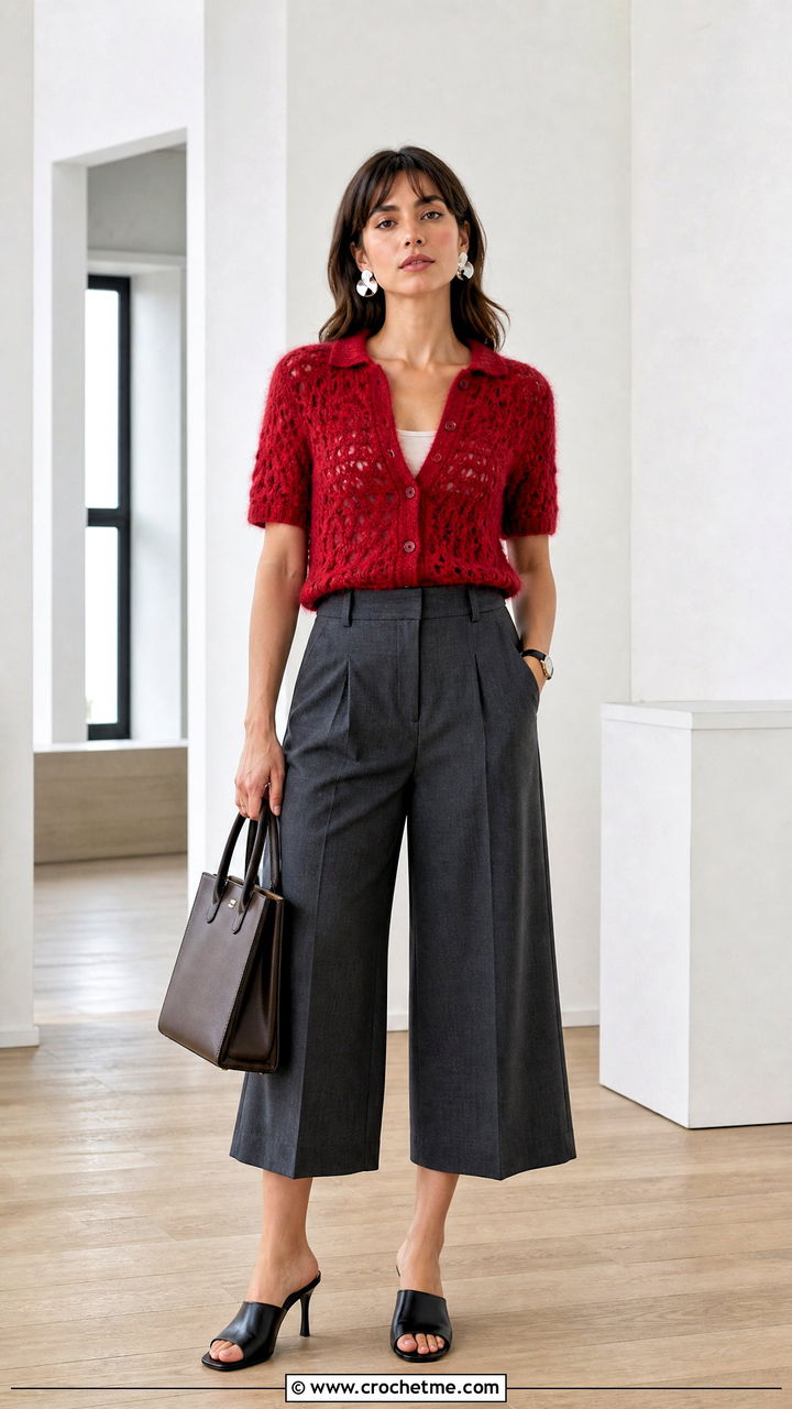 Short Sleeve Mohair Crochet Sweater With Culottes - 35 mohair crochet sweater outfit ideas