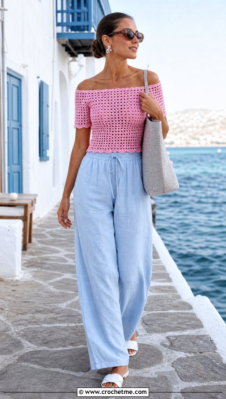 Short Sleeve Off Shoulder Crochet Top With Linen Pants - 30 Off Shoulder Crochet Top outfit ideas