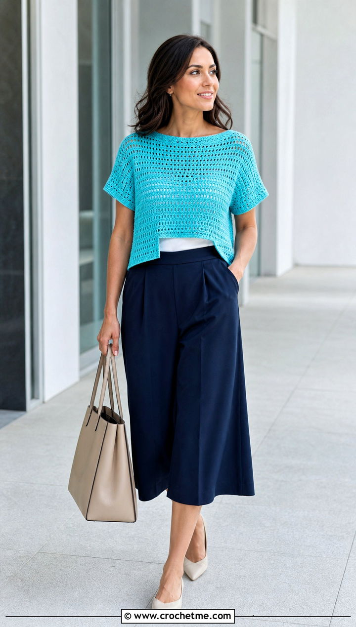 Short Sleeve One Panel Crochet Sweater With Culottes - 30 One Panel Crochet Sweater outfit ideas