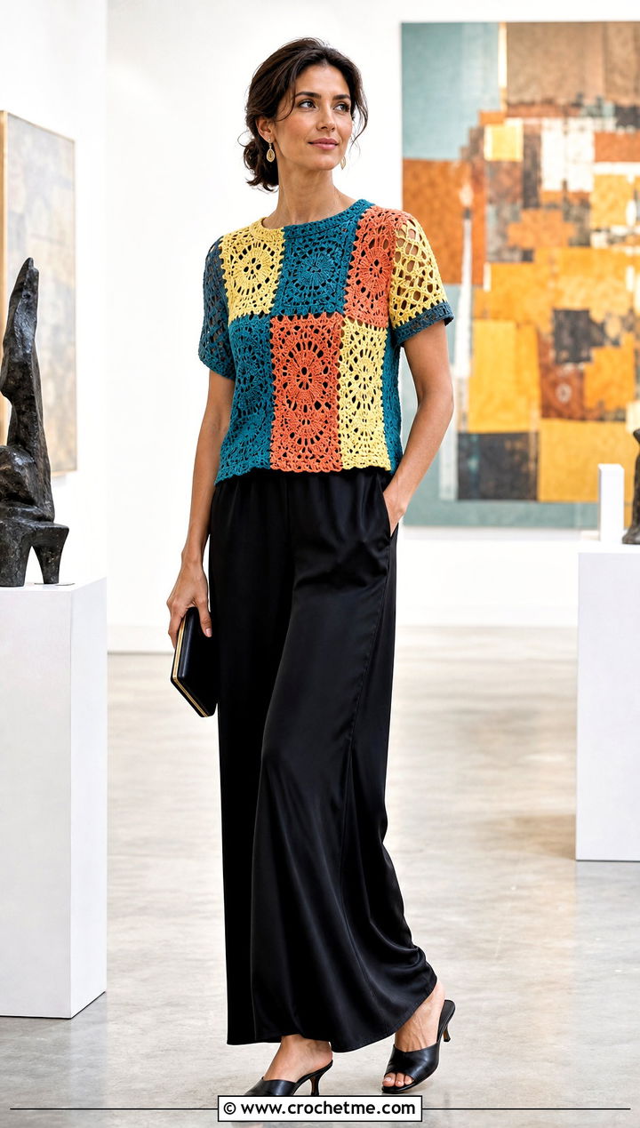 Short Sleeve Patchwork Sweater With Silk Pants - 30 crochet patchwork sweater outfit ideas